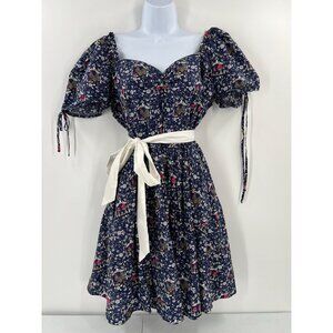 Unique Vintage Blue Retro Mushroom Rooster Print Puff Sleeve Dress 1X/16 Cotton